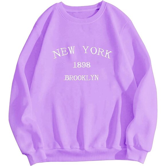 ⚡Women Purple New York 1898 Imported Graphic Crewneck Long Sleeve Sweatshirt - Picture 1 of 5